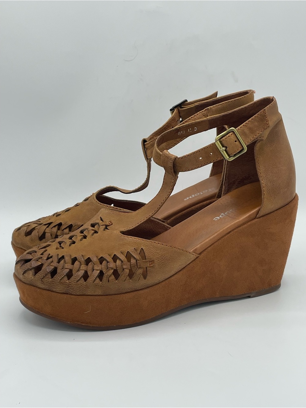Antelope Talli Leather Woven T‑Strap Wedge Sandals.